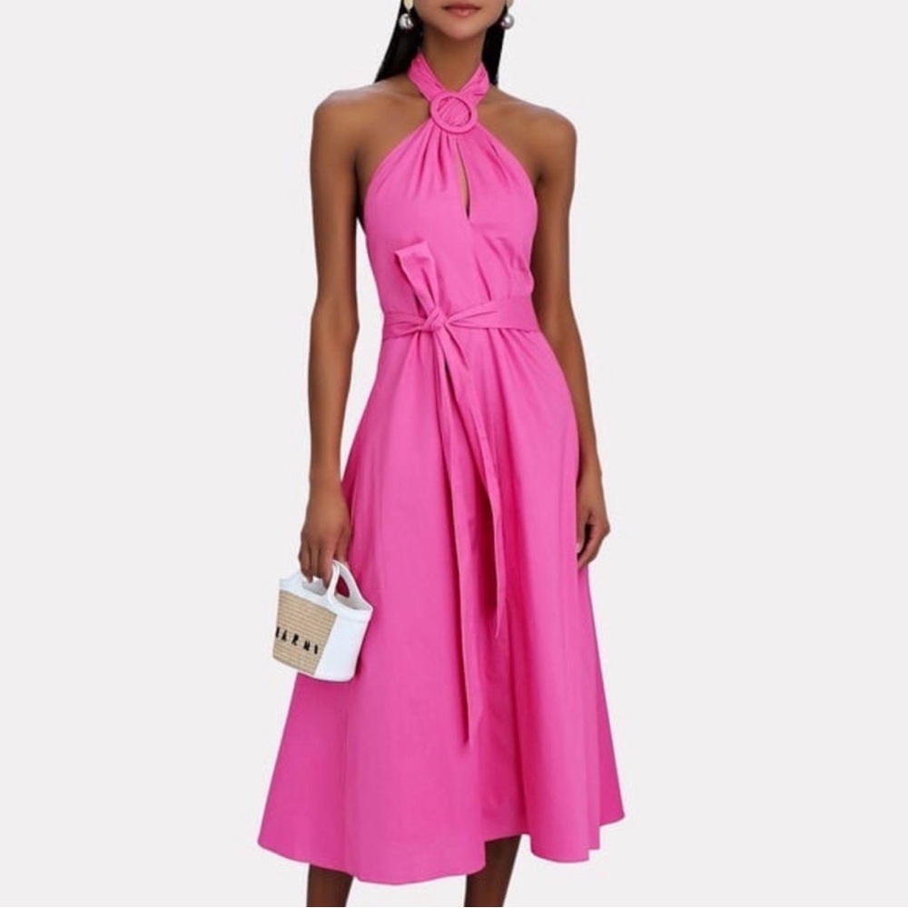 STAUD KAI BELTED POPLIN HALTER MIDI DRESS